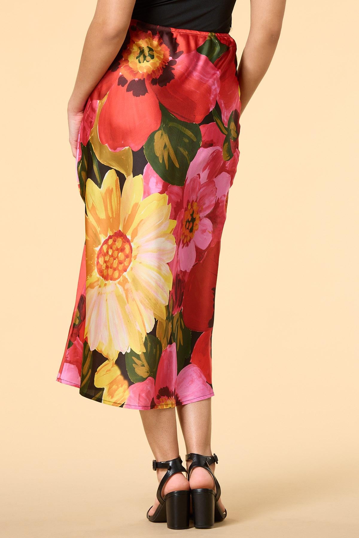 Versona tropic blooms satin midi skirt REDPINK_MULTI