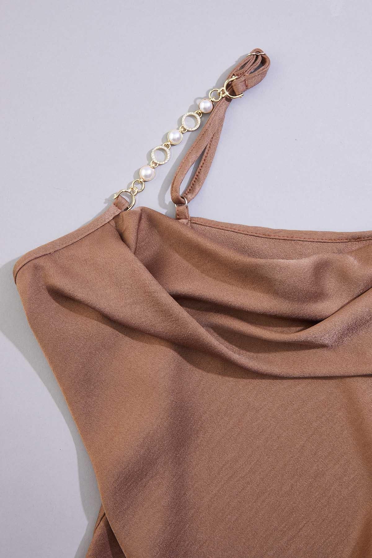 Versona cache pearl chain strap tank BROWN