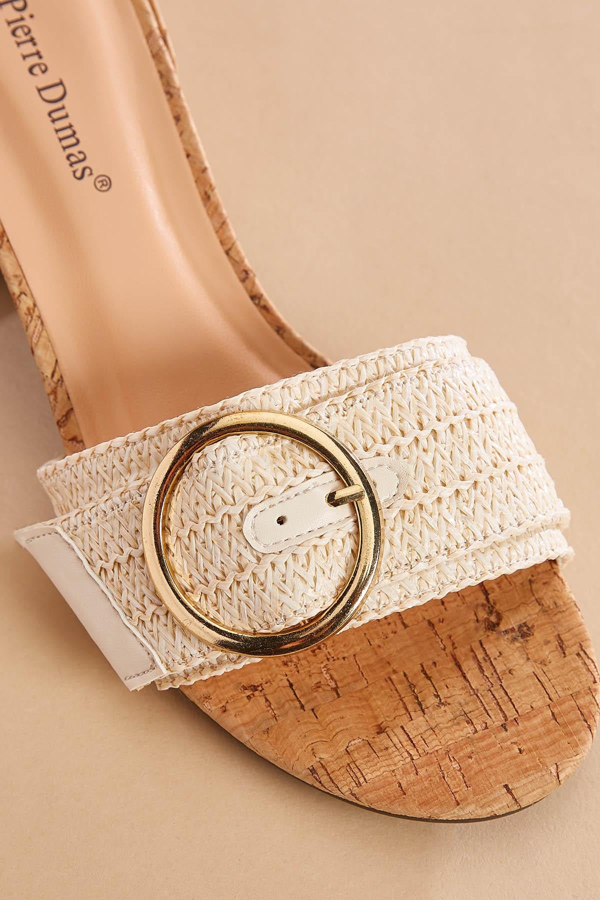 Versona raffia round gold buckle cork heels WHITE