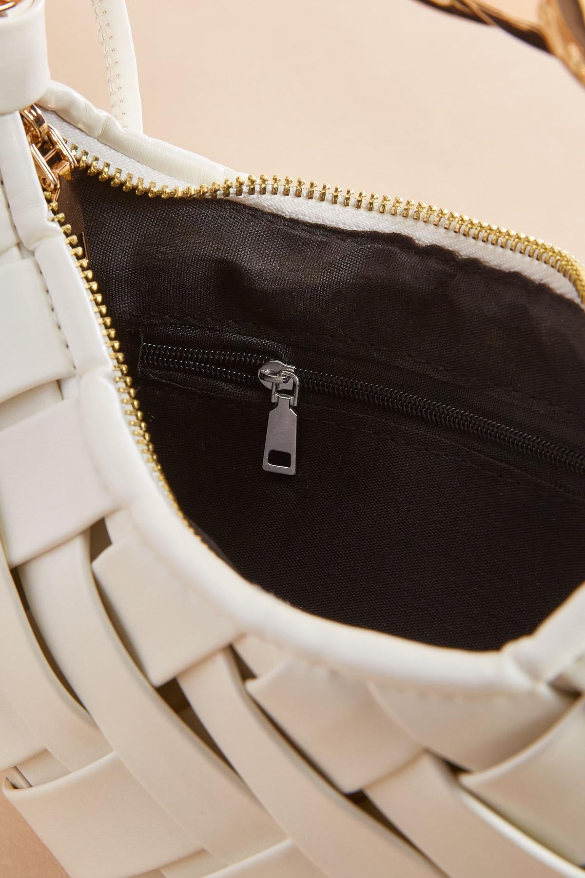 Versona twisted gold handle woven crescent bag MOCHA_MOUSSE