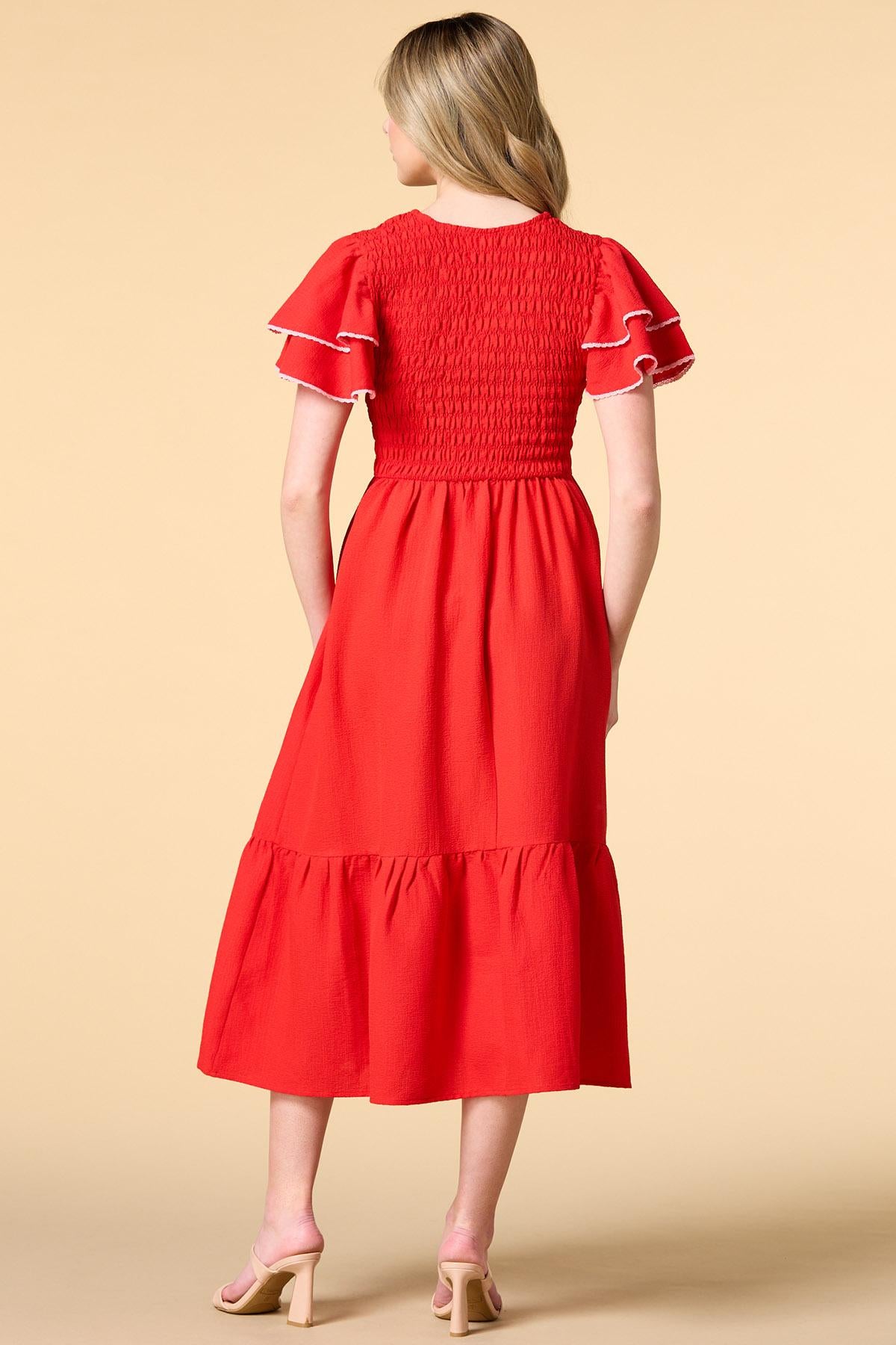 Versona smocking the boat midi dress RED
