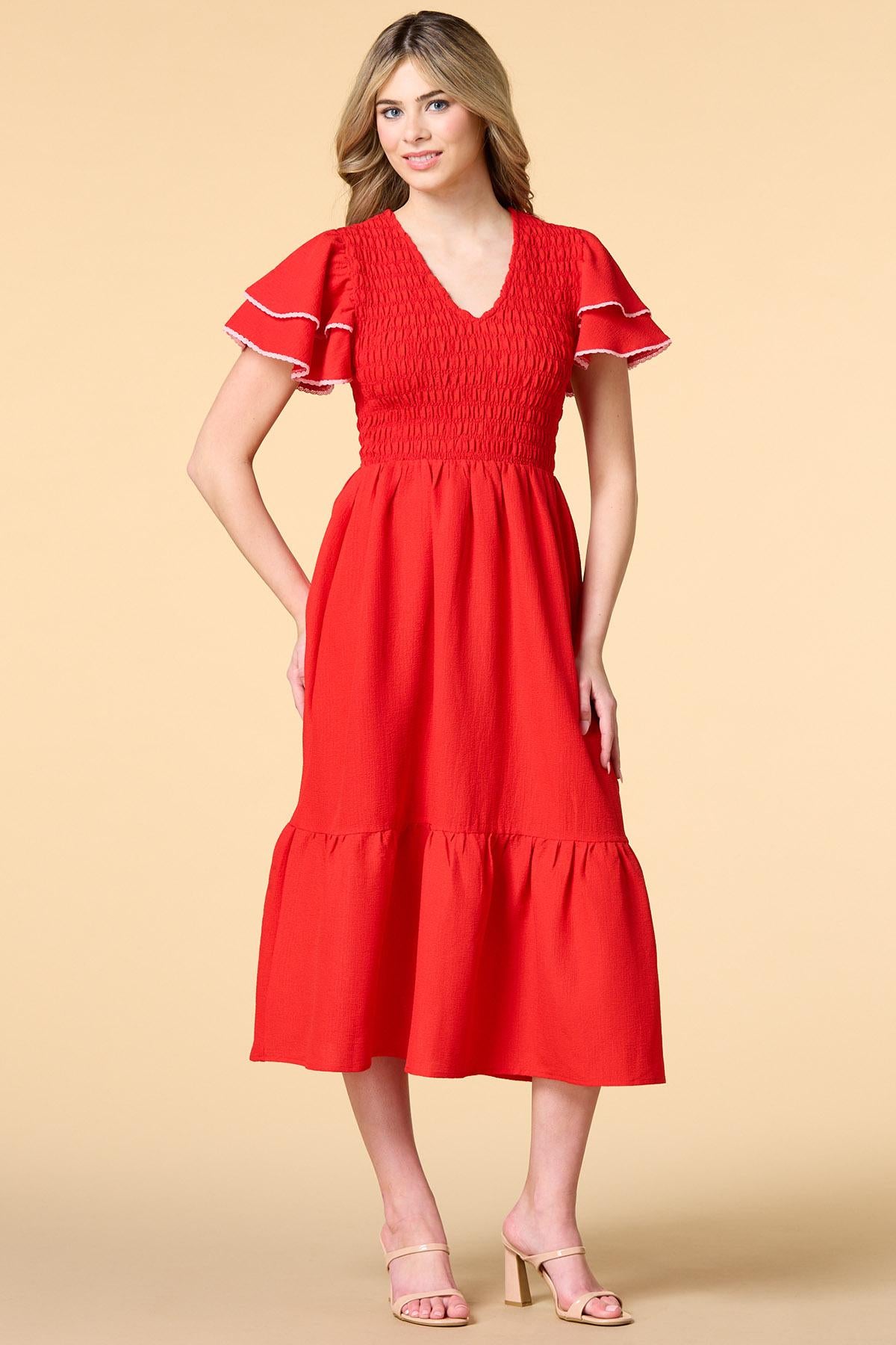 Versona smocking the boat midi dress RED