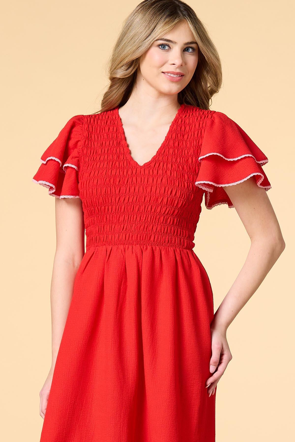 Versona smocking the boat midi dress RED