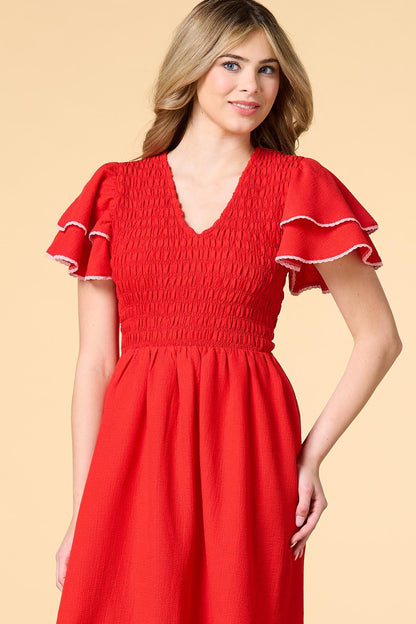 Versona smocking the boat midi dress RED