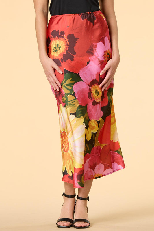 Versona tropic blooms satin midi skirt REDPINK_MULTI
