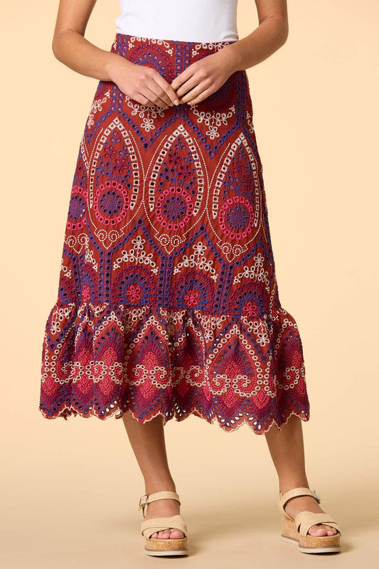 Versona tropical cruise embroidered midi skirt REDPINK_MULTI