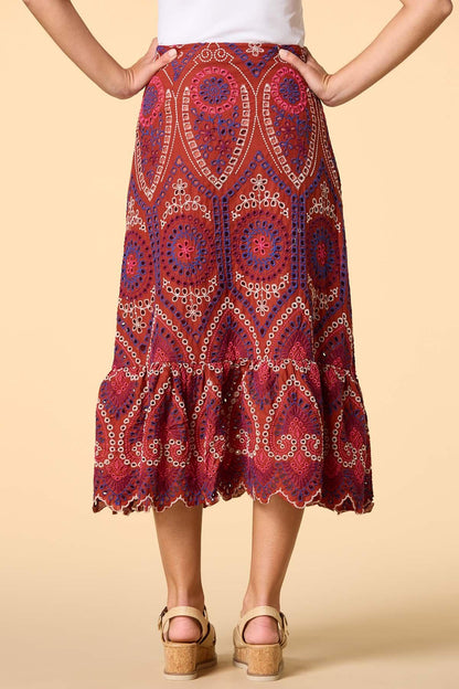Versona tropical cruise embroidered midi skirt REDPINK_MULTI