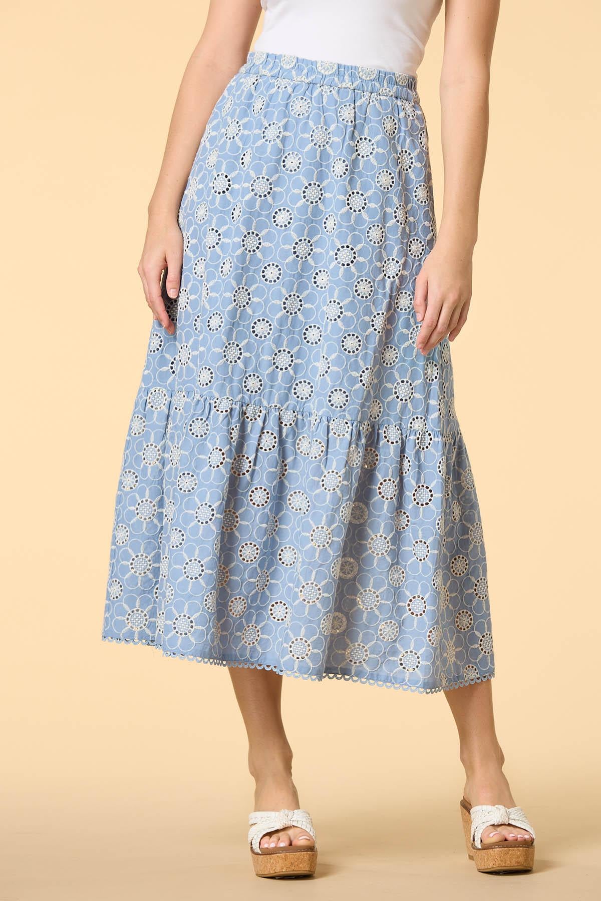Versona morning glory embroidered maxi skirt BLUE