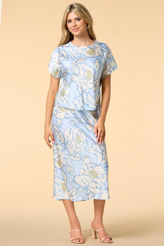 Versona sky blue blossoms satin midi skirt BLUE_MULTI