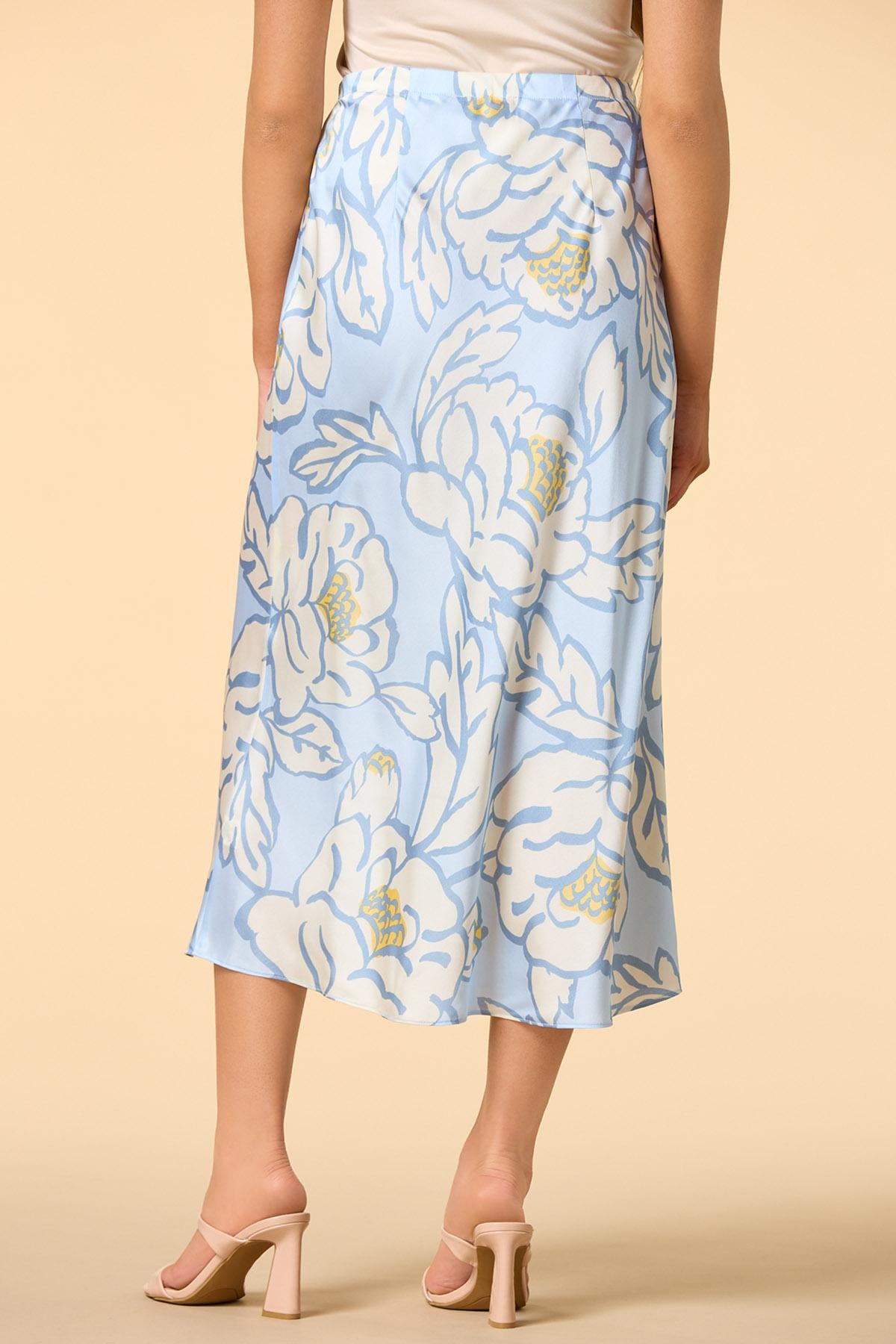 Versona sky blue blossoms satin midi skirt BLUE_MULTI