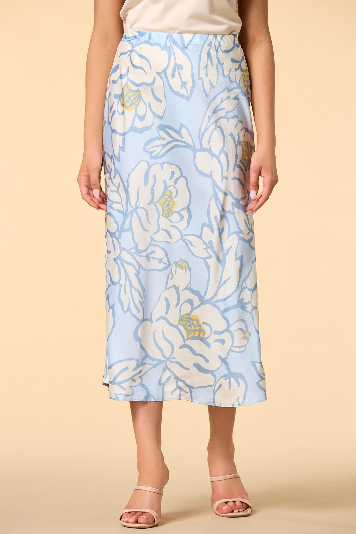 Versona sky blue blossoms satin midi skirt BLUE_MULTI