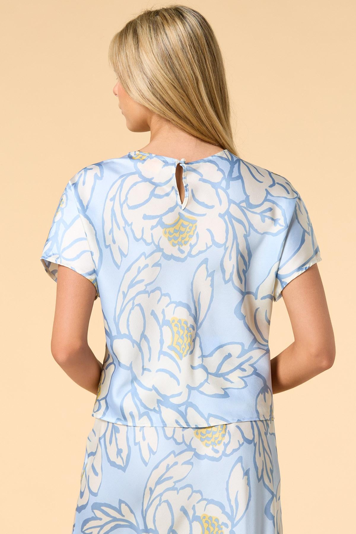 Versona sky blue blossoms satin top BLUE_MULTI