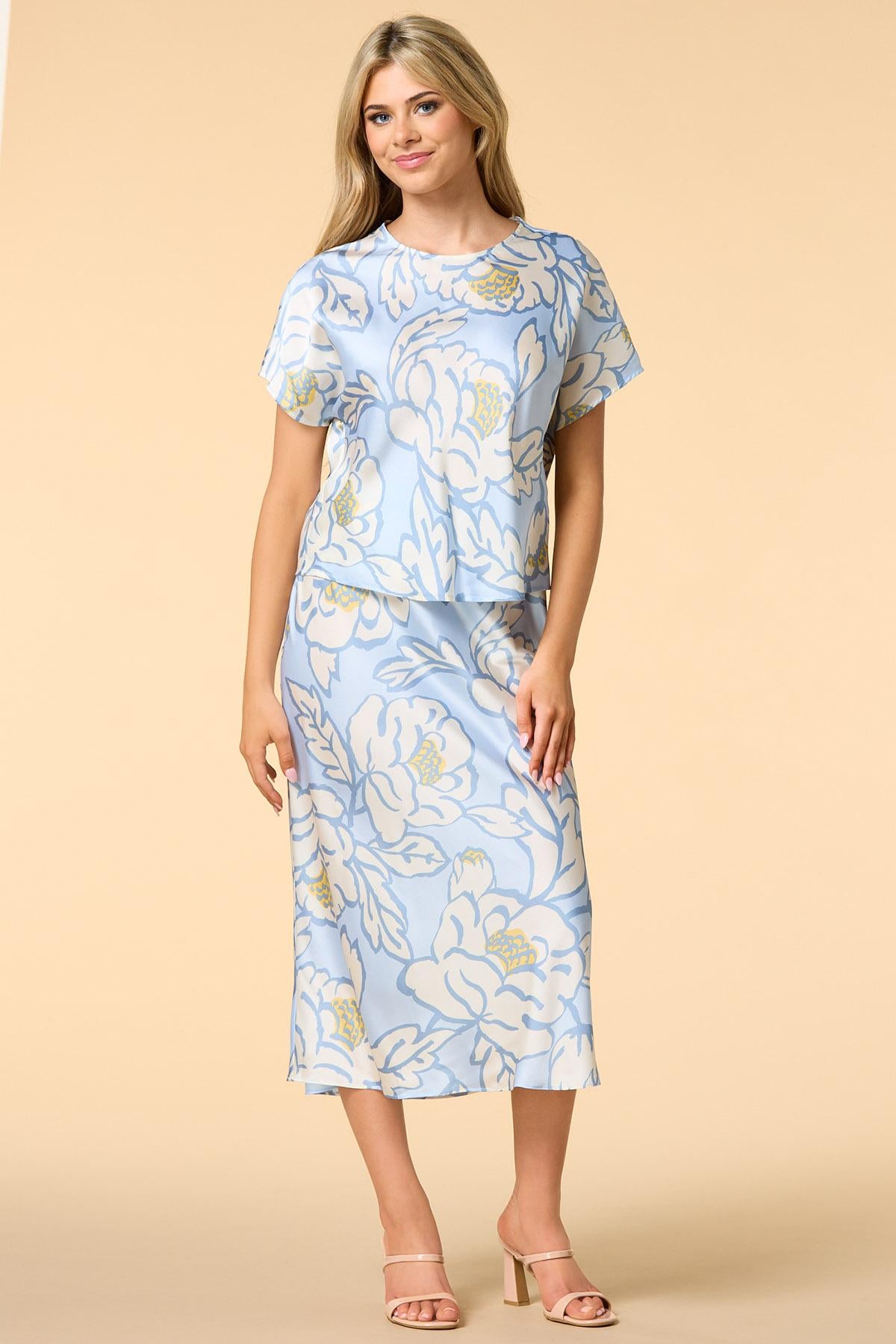 Versona sky blue blossoms satin top BLUE_MULTI