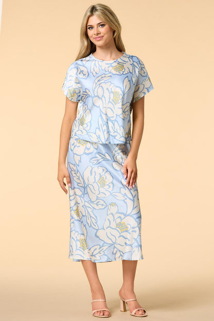 Versona sky blue blossoms satin top BLUE_MULTI