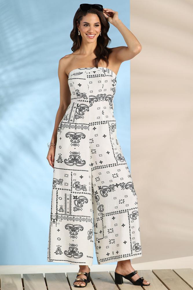 Versona walk in the sun strapless jumpsuit BLACK_WHITE_PATTERN