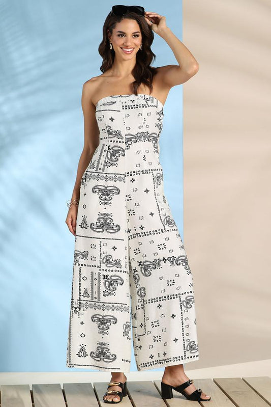 Versona walk in the sun strapless jumpsuit BLACK_WHITE_PATTERN