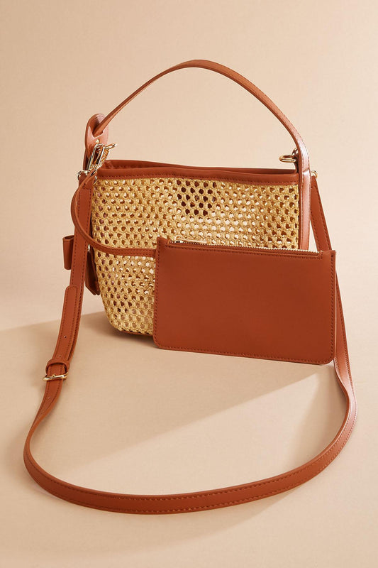 Versona faux leather trim straw crossbody set COGNAC