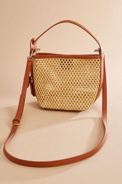 Versona faux leather trim straw crossbody set COGNAC