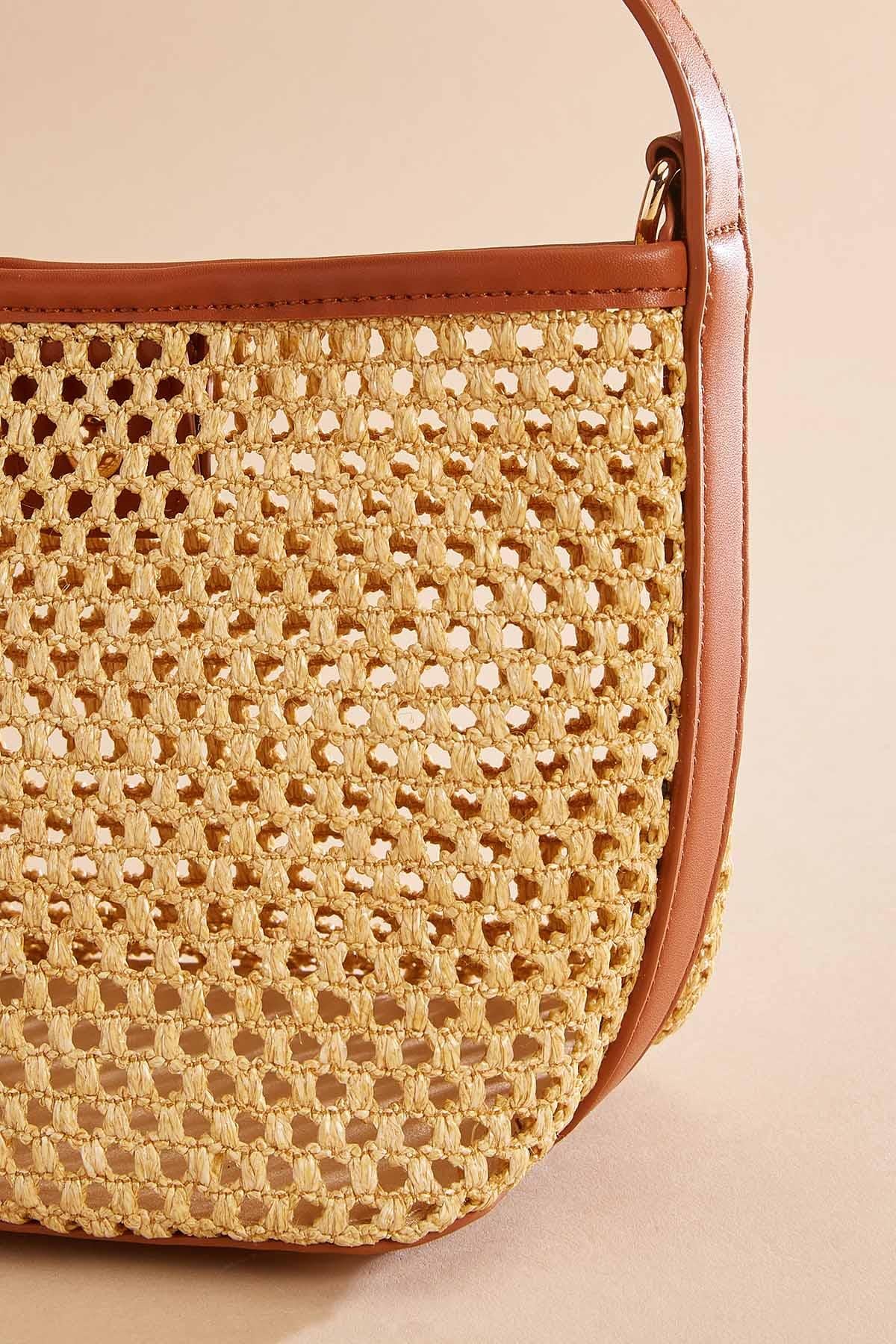 Versona faux leather trim straw crossbody set COGNAC