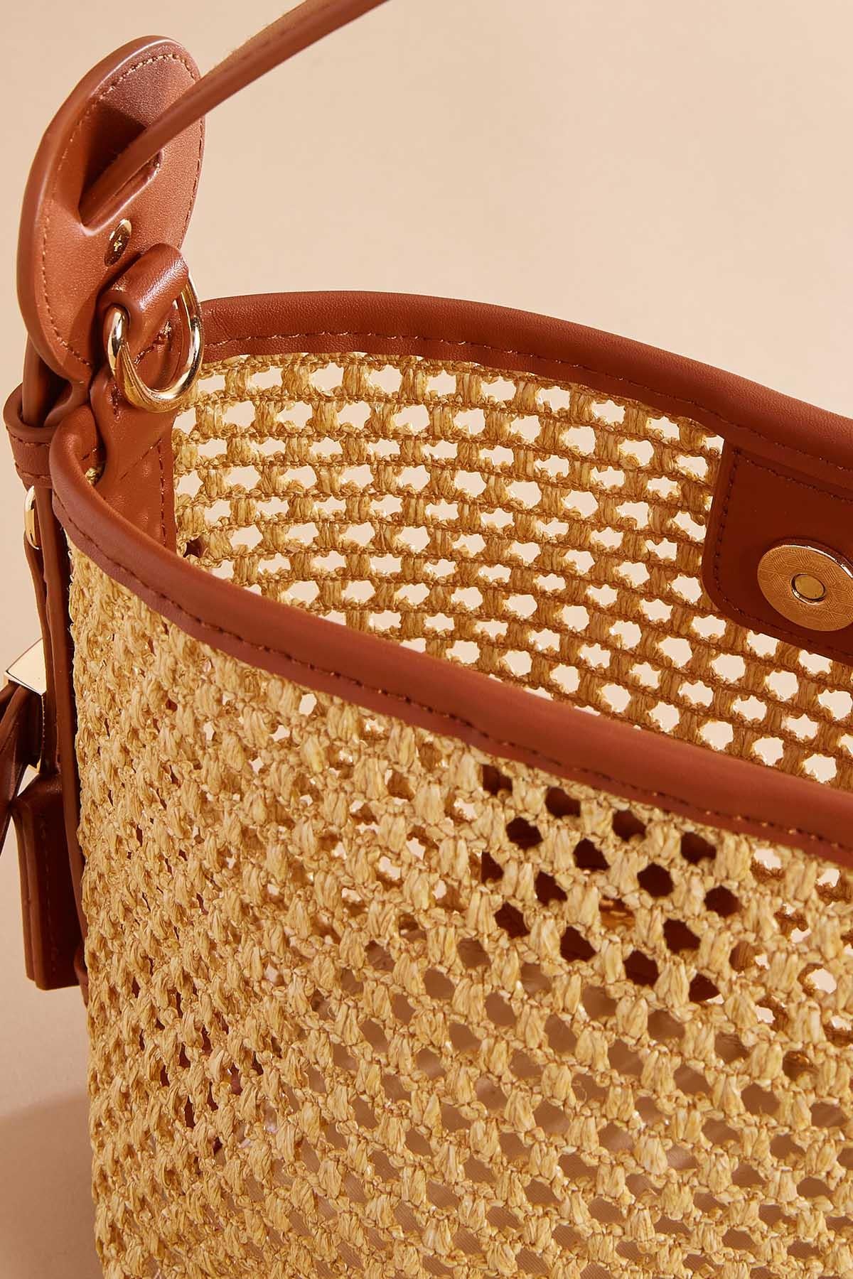 Versona faux leather trim straw crossbody set COGNAC