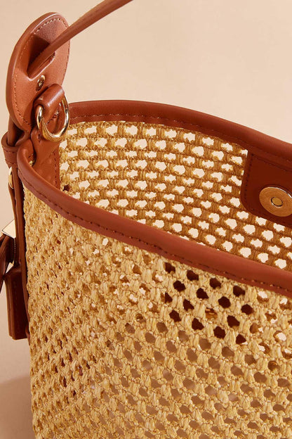 Versona faux leather trim straw crossbody set COGNAC