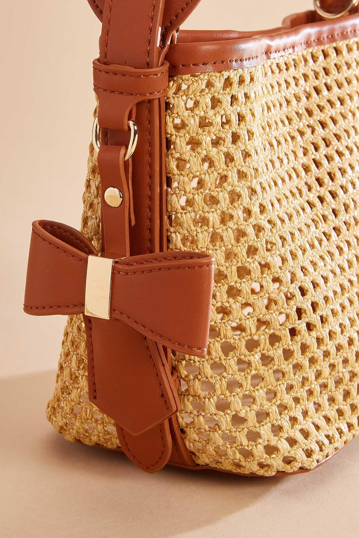 Versona faux leather trim straw crossbody set COGNAC