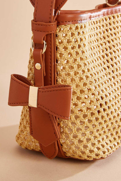 Versona faux leather trim straw crossbody set COGNAC