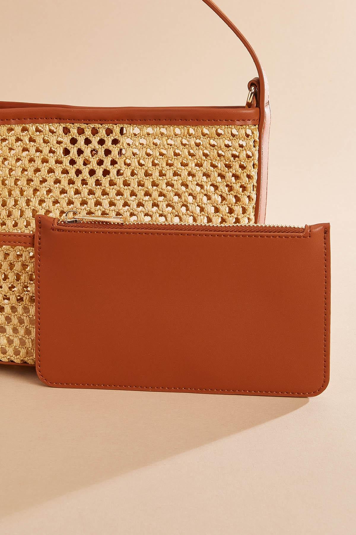 Versona faux leather trim straw crossbody set COGNAC