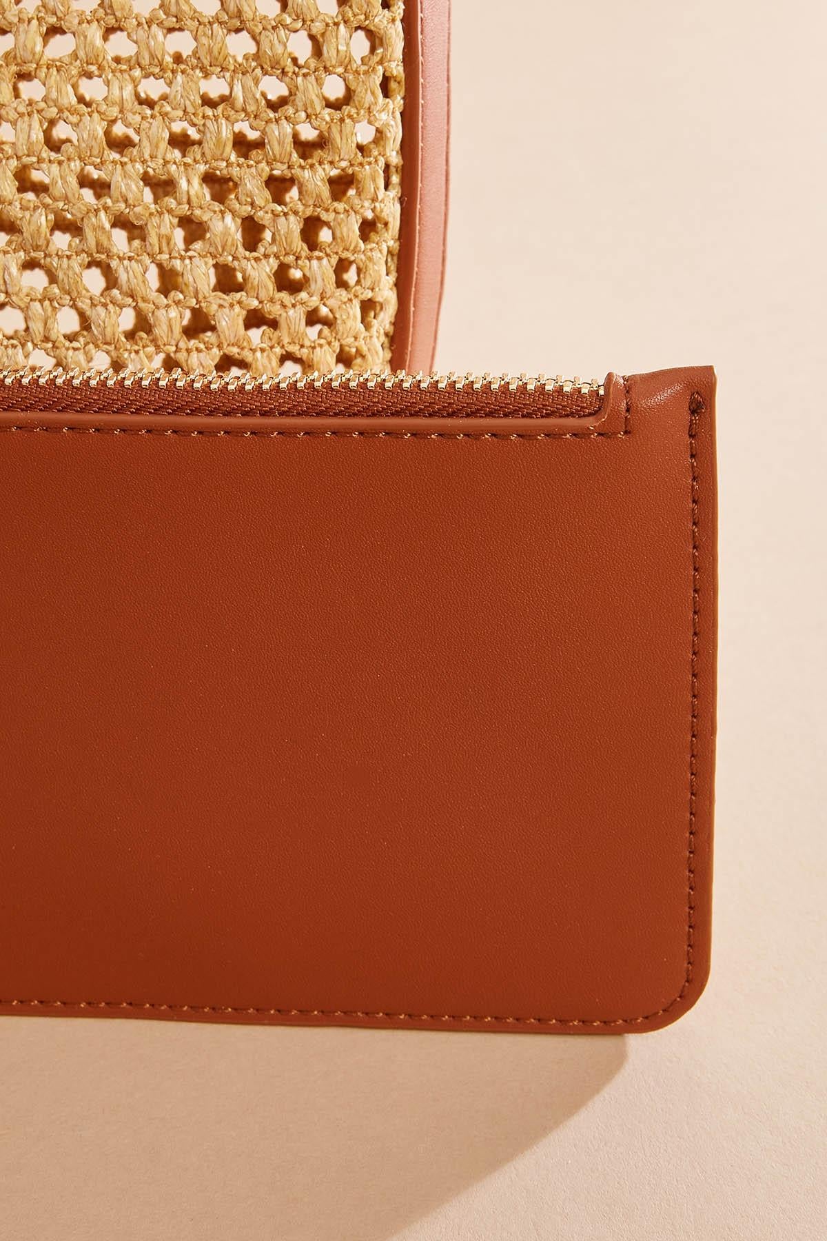Versona faux leather trim straw crossbody set COGNAC