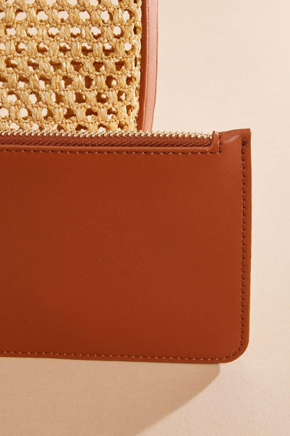 Versona faux leather trim straw crossbody set COGNAC