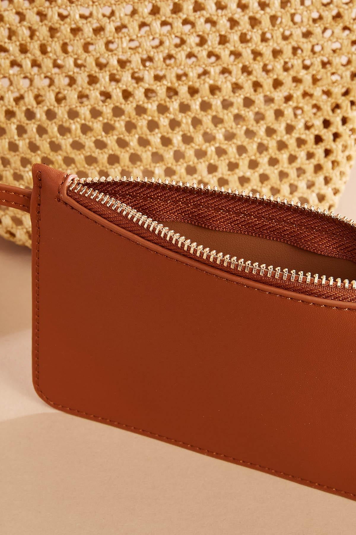 Versona faux leather trim straw crossbody set COGNAC