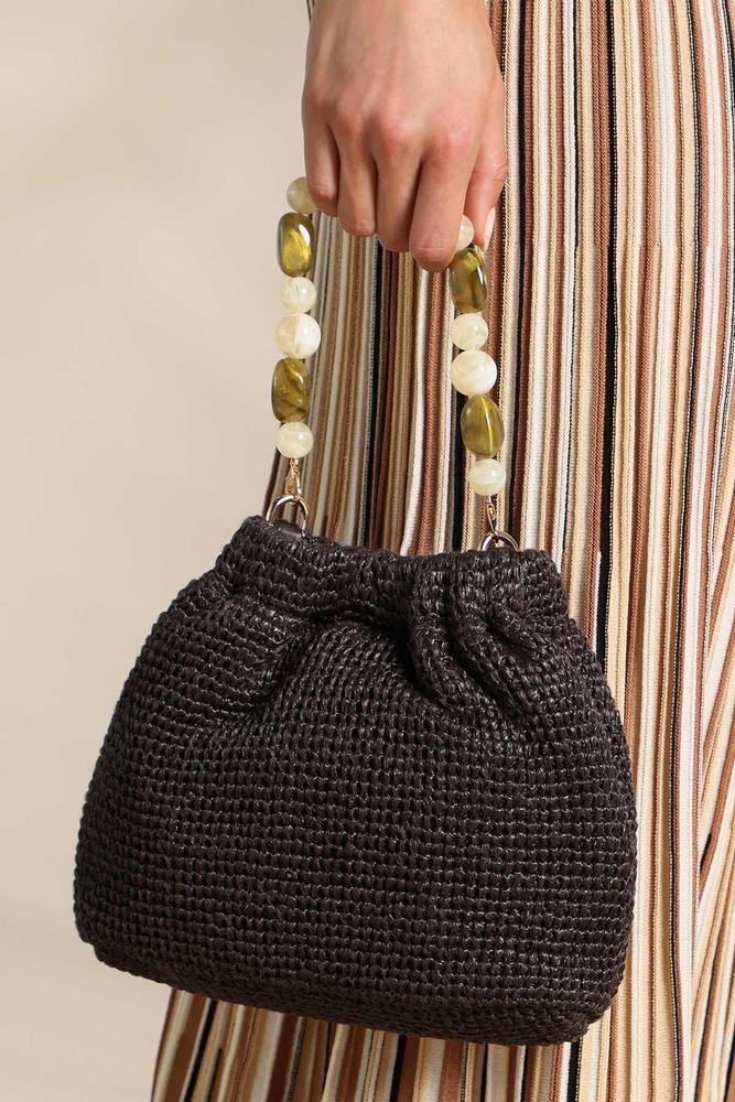 Versona raffia beaded handle bucket crossbody COFFEE_BEAN