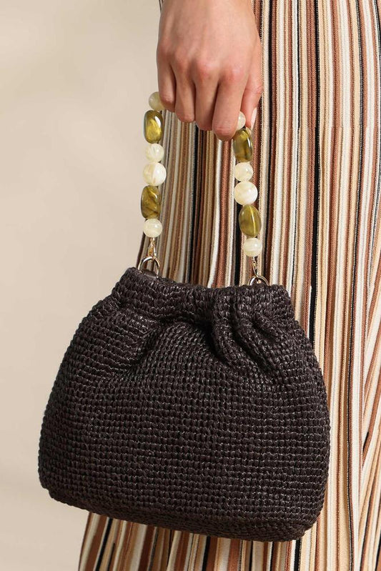 Versona raffia beaded handle bucket crossbody COFFEE_BEAN