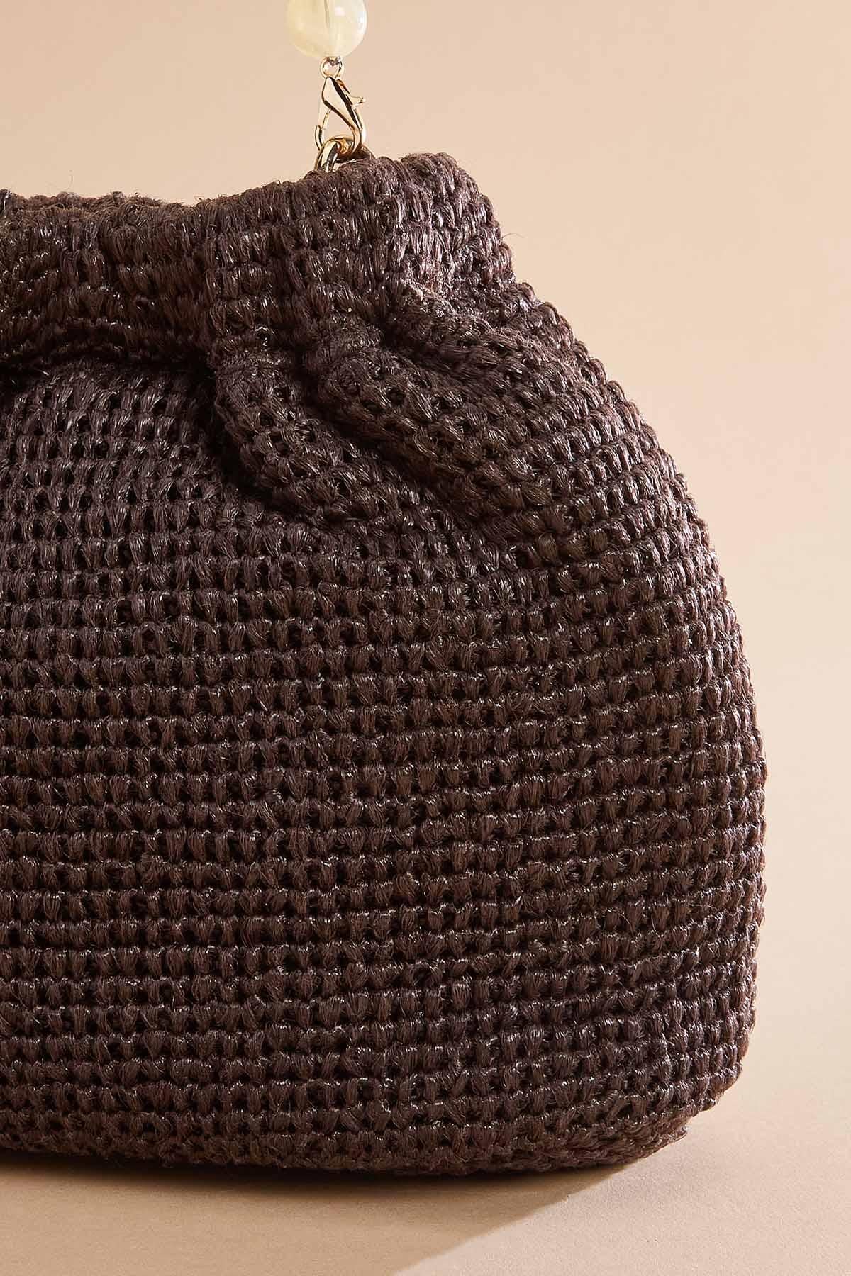 Versona raffia beaded handle bucket crossbody COFFEE_BEAN