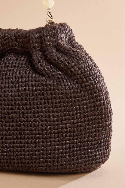 Versona raffia beaded handle bucket crossbody COFFEE_BEAN