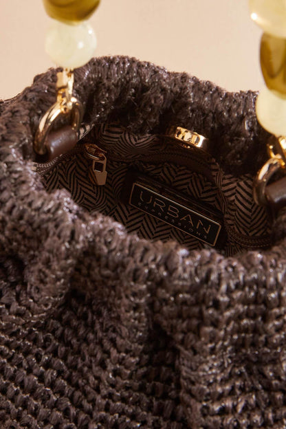Versona raffia beaded handle bucket crossbody COFFEE_BEAN