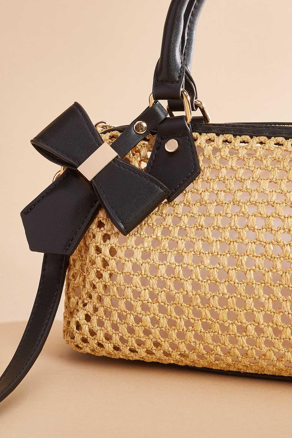 Versona faux leather trim net satchel BLACK