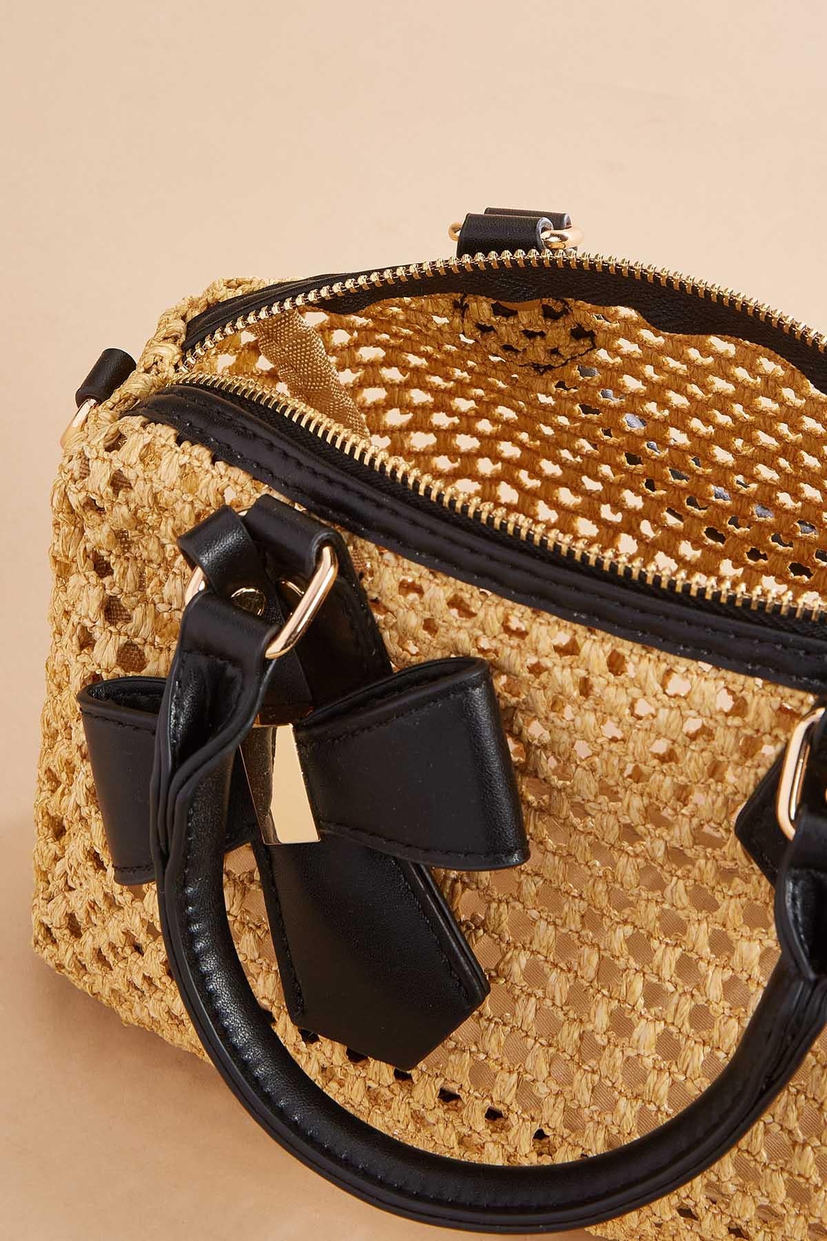 Versona faux leather trim net satchel BLACK