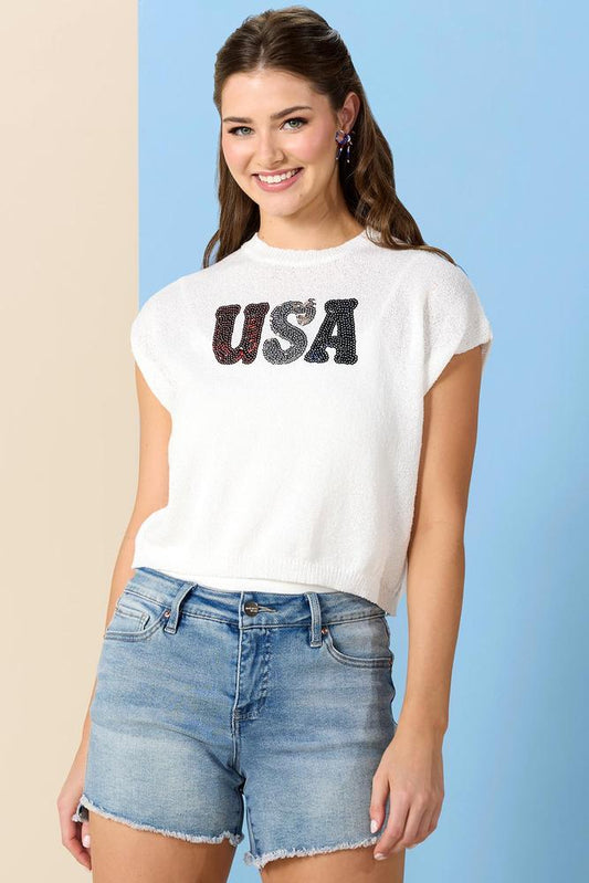 Versona born in the usa sequin sweater WHITE