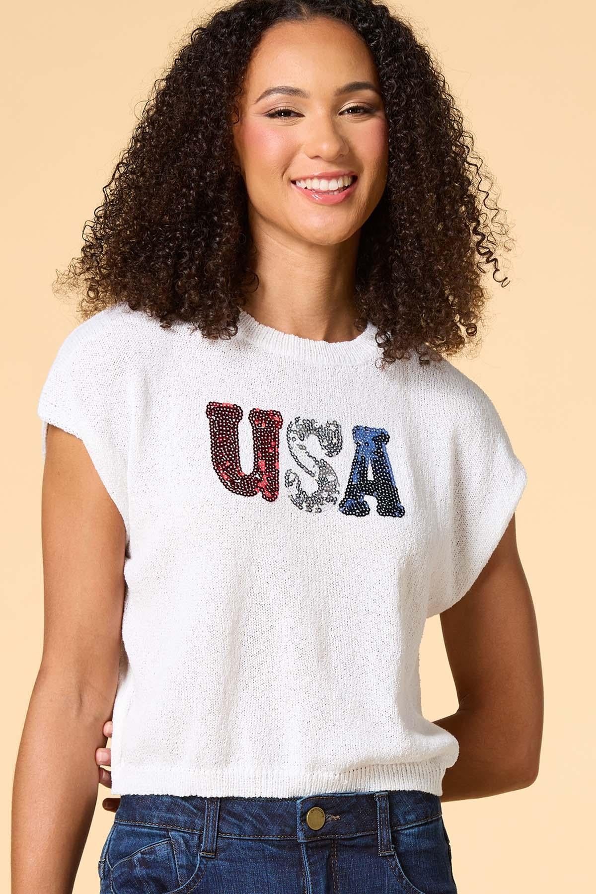 Versona born in the usa sequin sweater WHITE