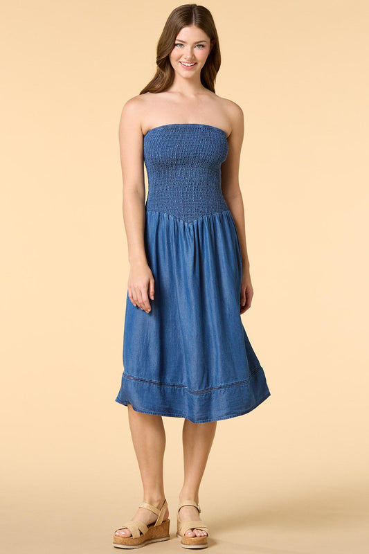 Versona softie sweet strapless chambray midi dress BLUE