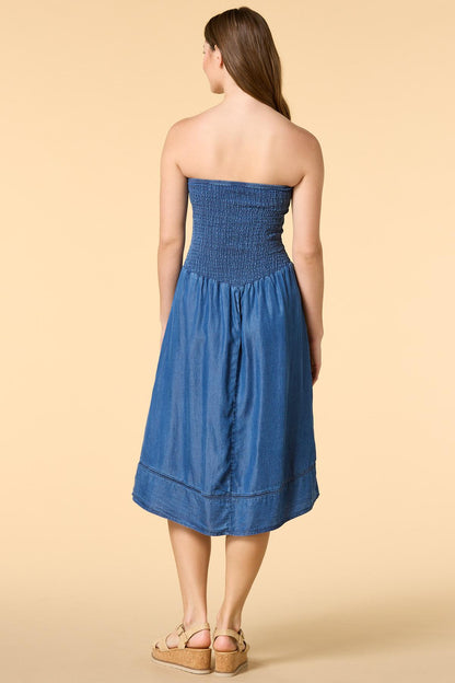 Versona softie sweet strapless chambray midi dress BLUE