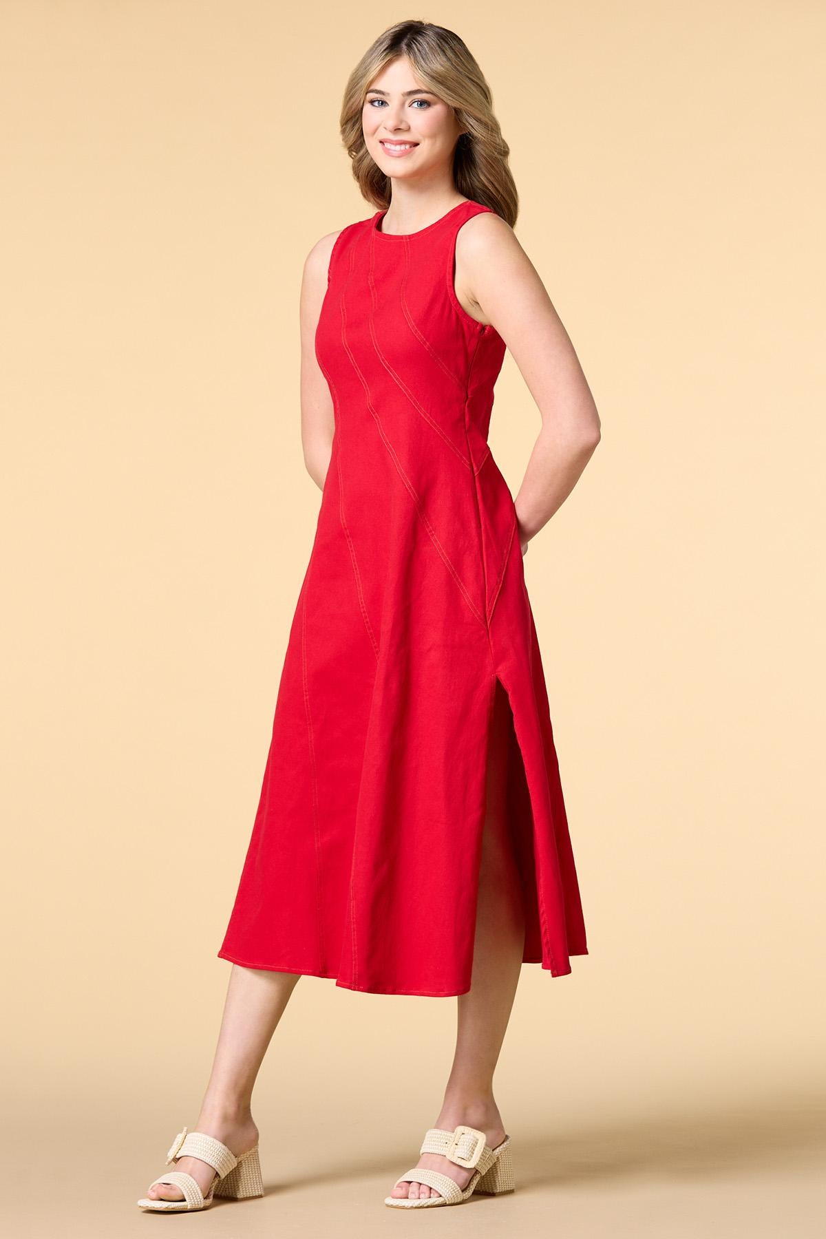 Versona heart on fire denim midi dress RED