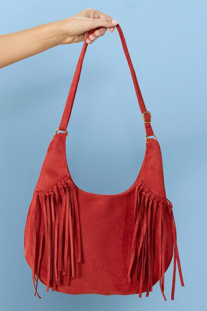 Versona faux suede fringe hobo bag RED