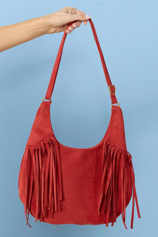 Versona faux suede fringe hobo bag RED