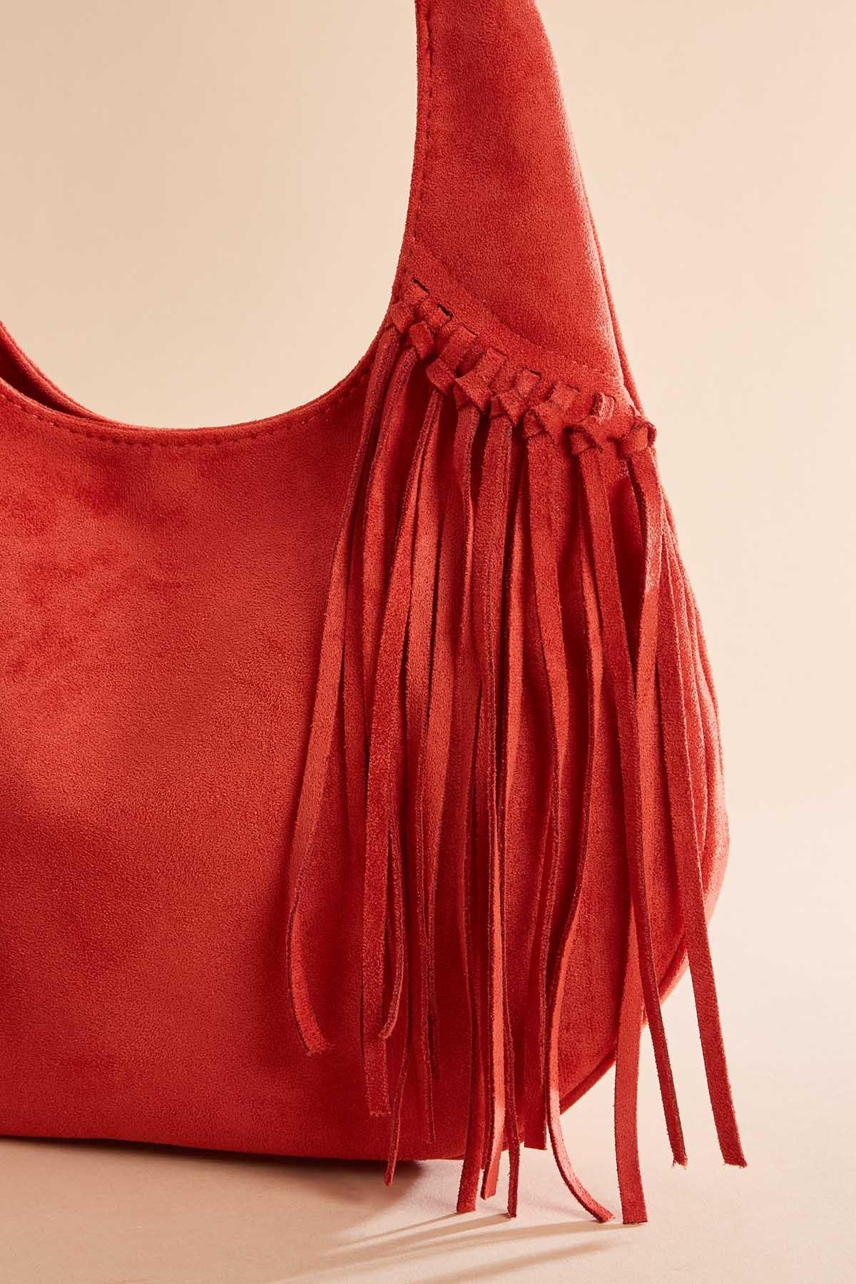 Versona faux suede fringe hobo bag RED