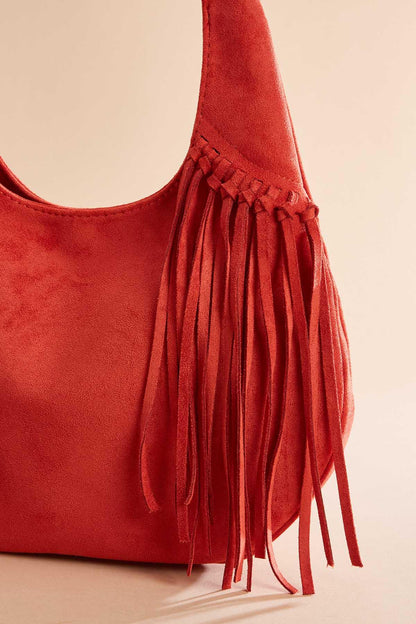 Versona faux suede fringe hobo bag RED