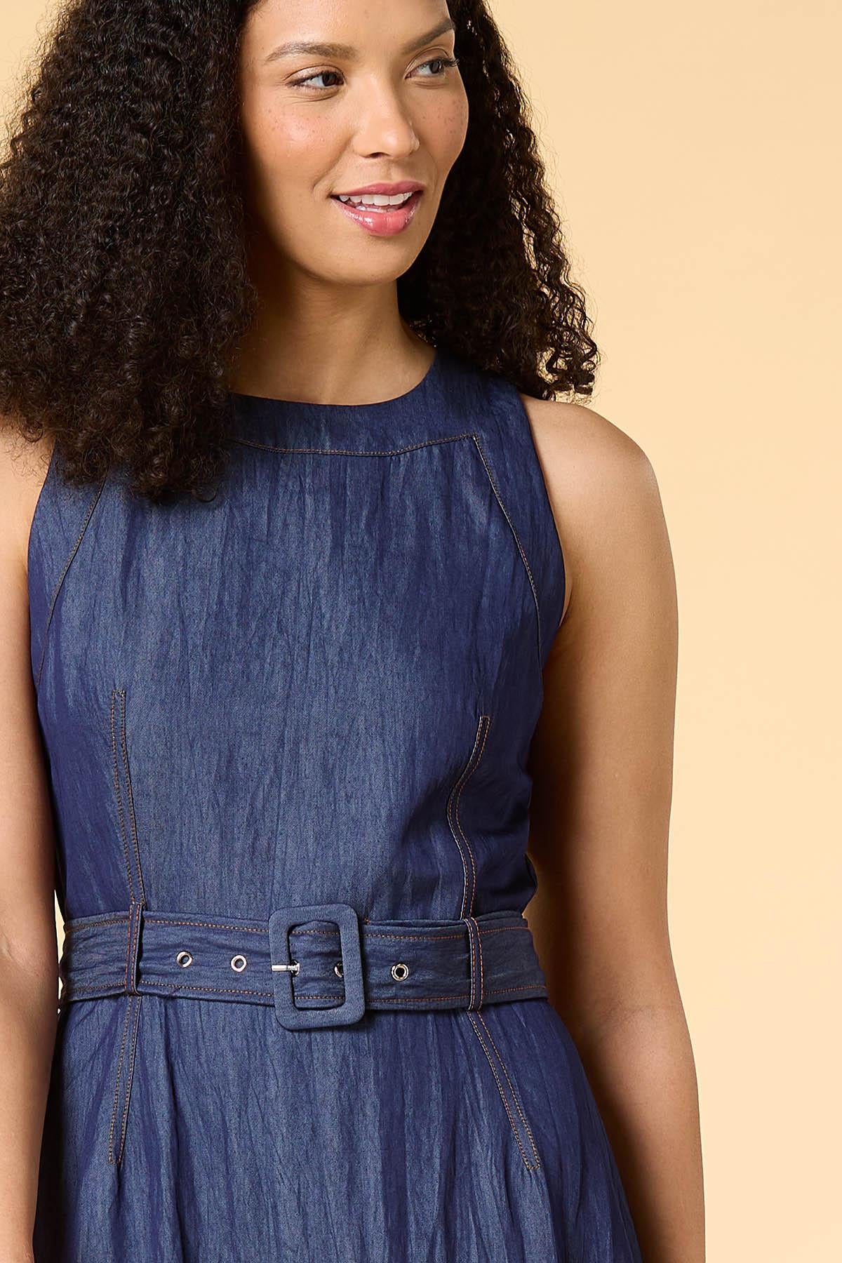 Versona looking smart dressy denim midi dress DARK_WASH_DENIM
