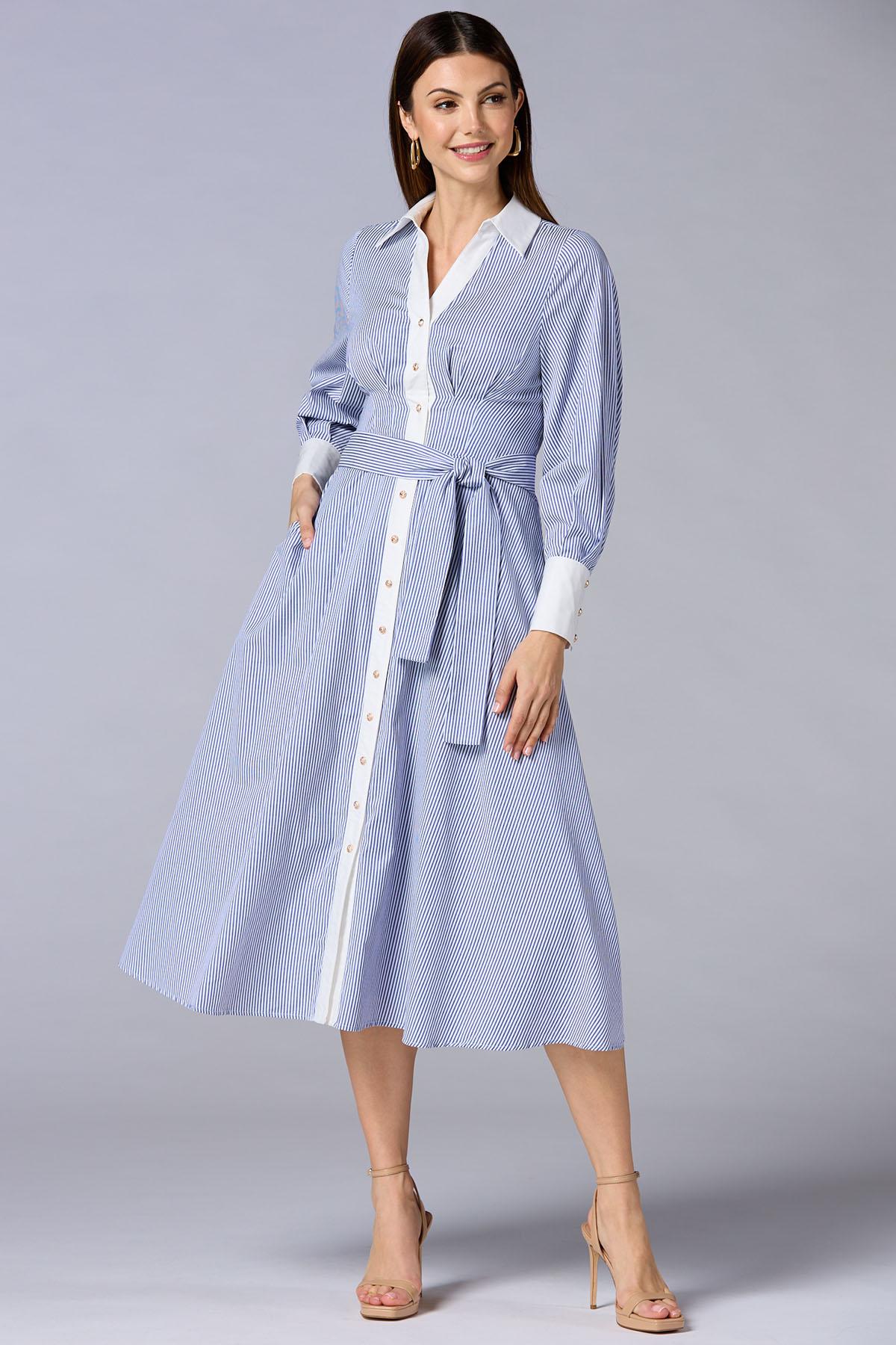 Versona cache contrast trim striped midi shirt dress BLUE_MULTI