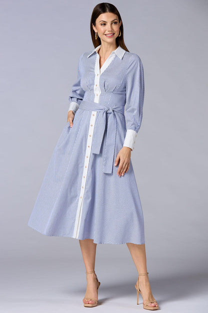 Versona cache contrast trim striped midi shirt dress BLUE_MULTI